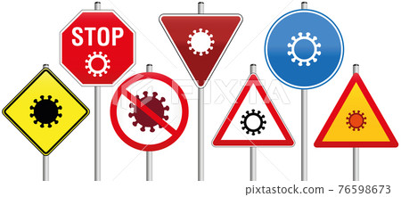 Corona traffic signs with Coronavirus symbols. Isolated vector illustration on white background. Corona traffic signs with Coronavirus symbols. Isolated vector illustration on white background. 76598673