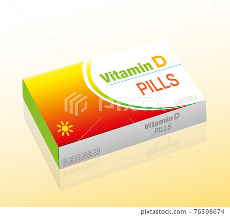 Vitamin D pills, as a supplement to healthy diet, medical dummy packet with tablets that prevent vitamin D deficiency. Vector illustration on white background. 76598674