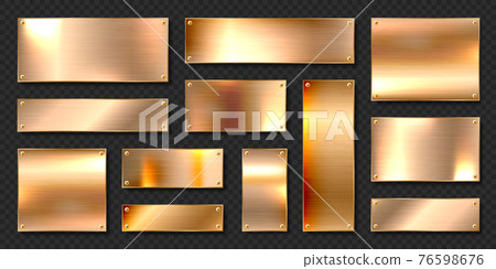 Realistic shiny metal banners set. Brushed steel plate with screws. Polished copper metal surface Realistic shiny metal banners set. Brushed steel plate with screws. Polished copper metal surface 76598676