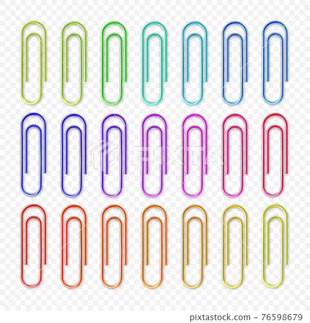 Realistic colorful metal paper clips on checkered background. Page holder, binder. Vector Realistic colorful metal paper clips on checkered background. Page holder, binder. Vector 76598679