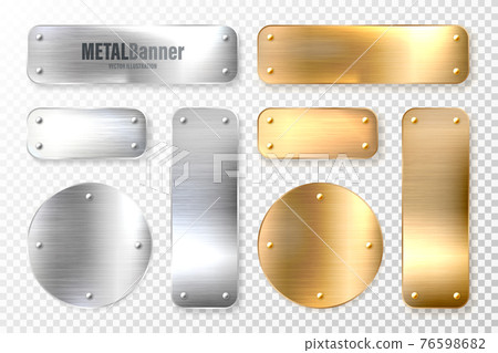 Realistic shiny metal banners set. Brushed steel and copper plate. Polished silver metal surface Realistic shiny metal banners set. Brushed steel and copper plate. Polished silver metal surface 76598682