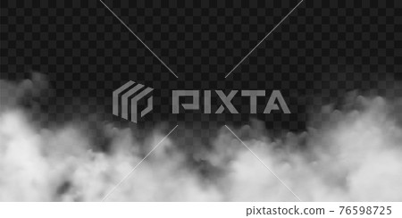 Realistic fog, mist effect. Smoke on dark background. Vector vapor in air, steam flow. Clouds. 76598725
