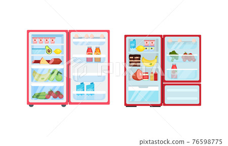 Open Refrigerator or Fridge as Home Appliance for Food Storage with Foodstuff Inside Vector Set Open Refrigerator or Fridge as Home Appliance for Food Storage with Foodstuff Inside Vector Set 76598775