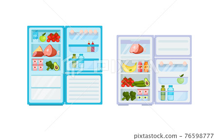 Open Refrigerator or Fridge as Home Appliance for Food Storage with Foodstuff Inside Vector Set 76598777