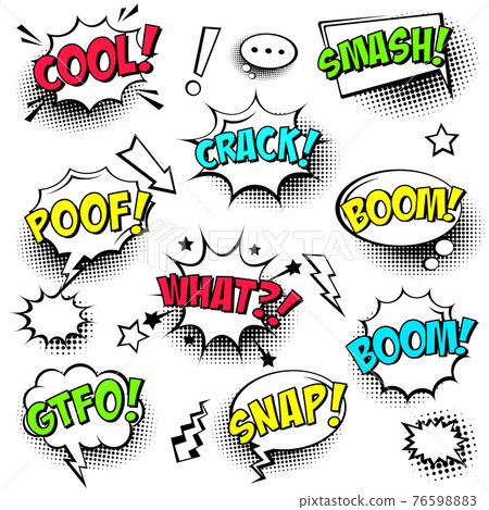 Comic speech bubbles with halftone shadows and colorful text isolated on white background. Hand Comic speech bubbles with halftone shadows and colorful text isolated on white background. Hand 76598883