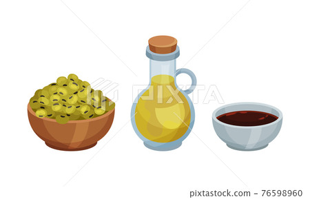 Soy Beans in Bowl with Oil and Sauce Vector Set 76598960