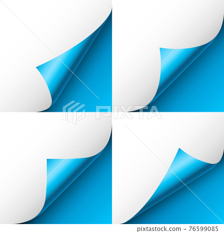 Set of blue paper curls. Curled page corner with shadow. Blank sheet of paper. Colorful shiny foil. Design element for advertising and promotion. Vector illustration. 76599085