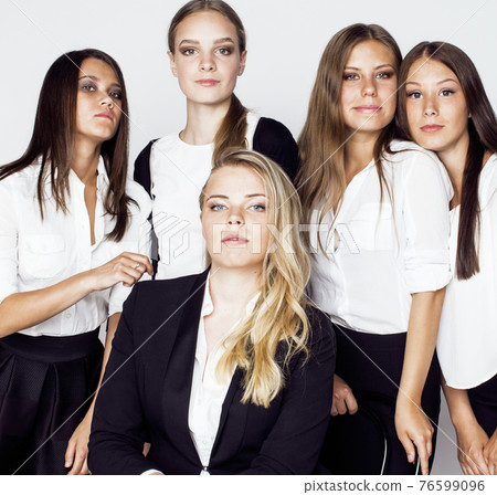 lot of businesswomen happy smiling celebrating success of team victory on work, dress code black and white official, lifestyle real working people concept 76599096