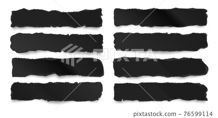 Ripped black paper strips isolated on white background. Realistic crumpled paper scraps with torn edges. Shreds of notebook pages. Vector illustration. Ripped black paper strips isolated on white background. Realistic crumpled paper scraps with torn edges. Shreds of notebook pages. Vector illustration. 76599114