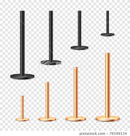 Realistic metal poles collection isolated on transparent background. Glossy bronze and steel pipes of various diameters. Billboard or advertising banner mount, holder. Vector illustration. Realistic metal poles collection isolated on transparent background. Glossy bronze and steel pipes of various diameters. Billboard or advertising banner mount, holder. Vector illustration. 76599134