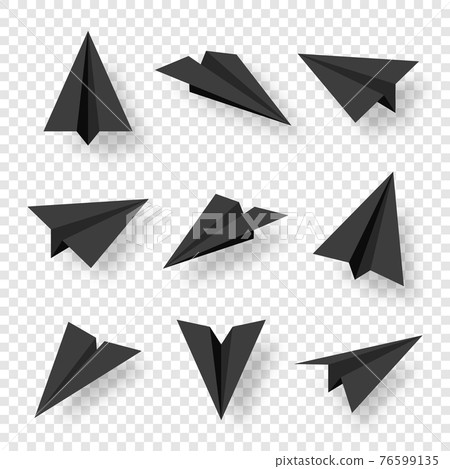 Realistic black handmade paper planes isolated on transparent background. Origami aircraft in flat style. Vector illustration. Realistic black handmade paper planes isolated on transparent background. Origami aircraft in flat style. Vector illustration. 76599135