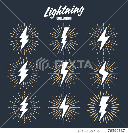 Set of vintage lightning bolts and sunrays. Lightnings with sunburst effect. Thunderbolt, electric shock sign. Vector illustration. 76599187