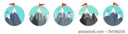 Set of snowy mountains in flat style. Winter rocky mountain landscape. Outdoor travel and tourism, hiking. Climbing on mountain peak. Vector illustration. 76599208
