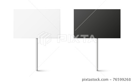 Black and white blank boards with place for text, protest sign. Realistic demonstration or advertising banner. Strike action cardboard placard mockup. Vector illustration. Black and white blank boards with place for text, protest sign. Realistic demonstration or advertising banner. Strike action cardboard placard mockup. Vector illustration. 76599268