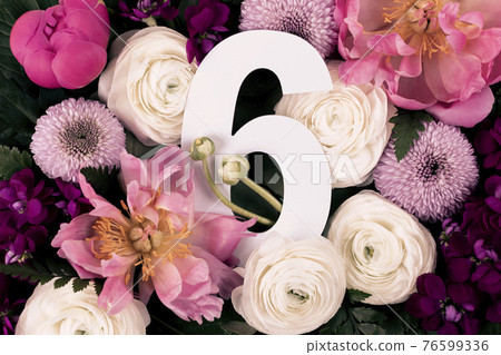 Colorful flowers, leaves and number six 76599336