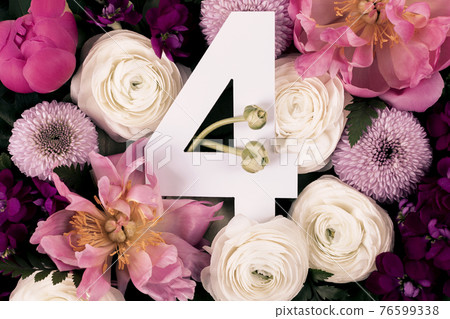 Colorful flowers, leaves and number four 76599338