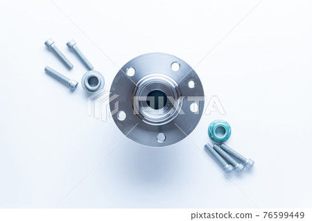 Auto equipment. Auto motor mechanic spare or automotive piece on white background. Set of new metal car part. Repair and vehicle service with space for text. 76599449