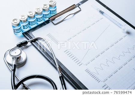 Graphic charts. Healthcare medical infographic, doctor health stethoscope and analysis vaccination statistics on hospital background. Research data economy spreadsheet and business company concept. 76599474