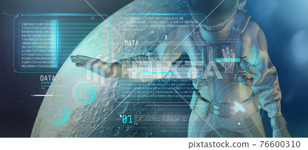 An astronaut examines an array of coded data. 3D render An astronaut examines an array of coded data. 3D render 76600310
