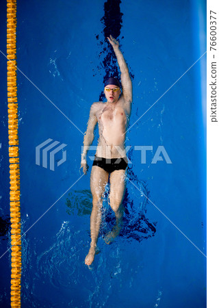 Male professional competitive swimmer in swimming pool, view from above. Male professional competitive swimmer in swimming pool, view from above. 76600377