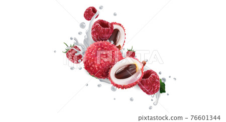 Lychee and raspberries in splashes of yogurt or milk. 76601344