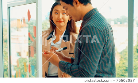 Business people work on project planning board Business people work on project planning board 76602087