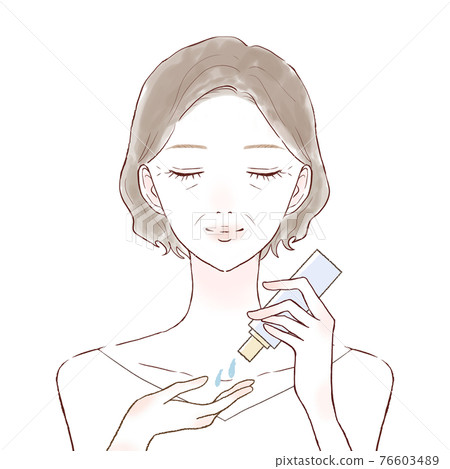 Middle-aged woman picking up skin care oil 76603489