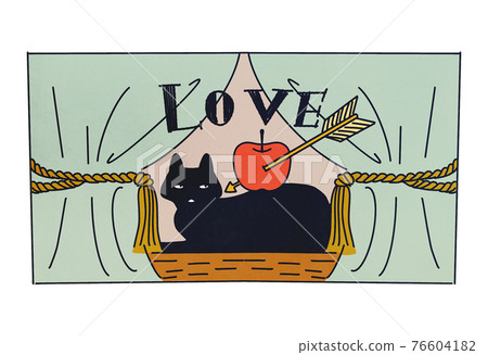 A black cat in front of the stage curtain and an apple with an arrow stuck in it A black cat in front of the stage curtain and an apple with an arrow stuck in it 76604182