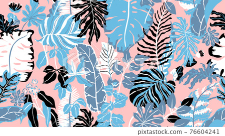 Colorful botanical seamless pattern, hand drawn tropical plants on pink background, 76604241