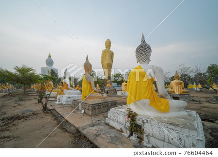 Row of Buddha statues. Old ruins of a temple in Wat Phai Rong Wua temple, Song Phi Nong, Suphan Buri. Famous tourist attraction landmark. Thai History architecture. Row of Buddha statues. Old ruins of a temple in Wat Phai Rong Wua temple, Song Phi Nong, Suphan Buri. Famous tourist attraction landmark. Thai History architecture. 76604464