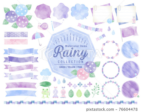 Rainy season watercolor frameset / hydrangea, rain, nature / banner, speech bubble 76604478