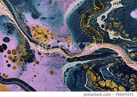 Acrylic Fluid Art. Yellow paint bubbles on lilac and blue waves. Liquid Gold Wave on canvas. Digital decor. Abstract stone background or texture 76605935