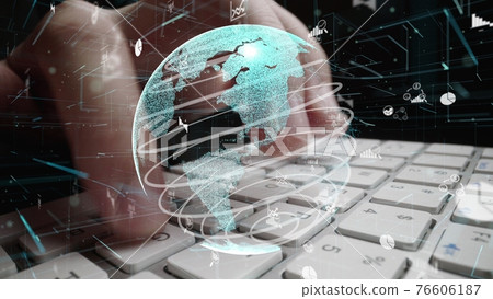 Man working on computer with graphic of business data analytic m 76606187