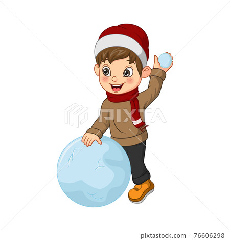 Cute little boy in winter clothes playing a snowball 76606298