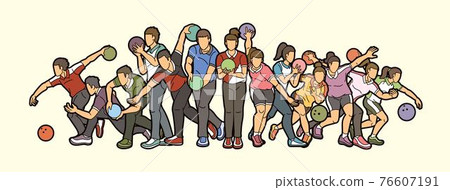 Bowling Sport Players Men and Women Pose Cartoon Graphic Vector 76607191