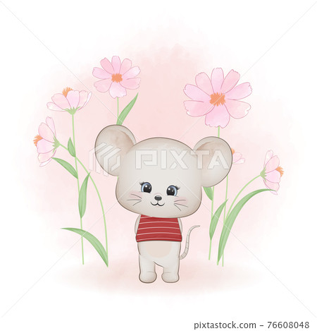 Cute little mouse and and cosmos flower, cartoon animal watercolor illustration 76608048