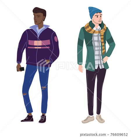 Couple Young mans students in modern spring trendy clothes. Fashion casual outerwear street style characters. Flat cartoon style vector isolated illustration Couple Young mans students in modern spring trendy clothes. Fashion casual outerwear street style characters. Flat cartoon style vector isolated illustration 76609652
