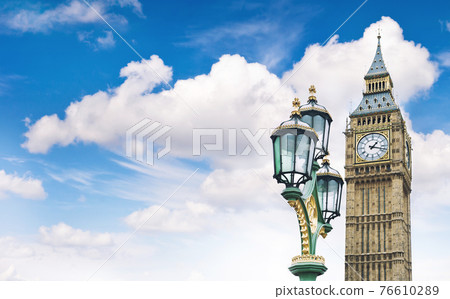 House of Parliament in London Big Ben cloudy blue sky 76610289