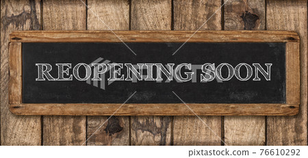 Chalkboard rustic wooden background. Reopening soon Chalkboard rustic wooden background. Reopening soon 76610292