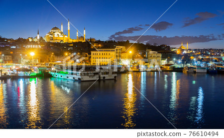 Night view of Fatih district with marina and Suleymaniye Mosque, Istanbul Night view of Fatih district with marina and Suleymaniye Mosque, Istanbul 76610494