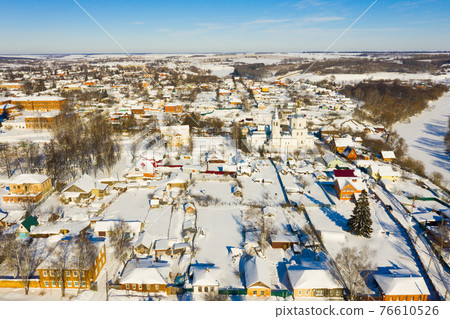 Aerial view of Venyov townscape with temple complex of former Epiphany monastery 76610526