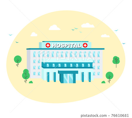 Hospital building in flat style on yellow round background. 76610681