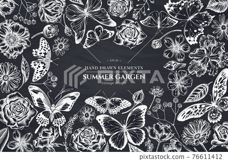 Floral design with chalk shepherd s purse, heather, iris japonica, sakura, gypsophila, chamomile 76611412