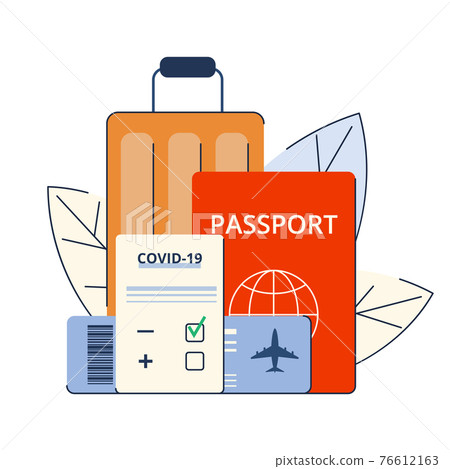 New normal. Safe travel in a pandemic. Immunity passport, tickets, permission, border opening. Vaccination requirement against Covid-19. Vector 76612163