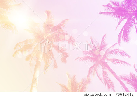 Tropical palm coconut trees on sunset sky flare and bokeh nature background. Tropical palm coconut trees on sunset sky flare and bokeh nature background. 76612412