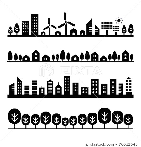 城市景觀，透明，小鎮，全景，風景，線條，線條，小鎮，路邊樹，剪影，單色，插圖，頁腳 76612543