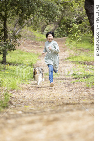 Kids and dogs on the woodchip road 76613543