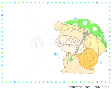 Snail holding an umbrella, with a dot frame of the rainy season, green ver Snail holding an umbrella, with a dot frame of the rainy season, green ver 76613645