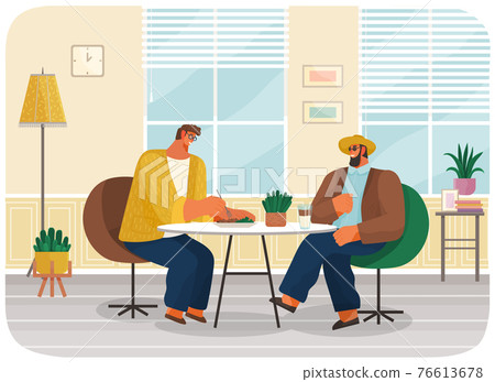 Friends or business partners sitting in cafe or restaurant at table eating and drinking, have dinner 76613678