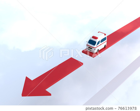 A cute ambulance running on the arrow, a broken road, next to the CG illustration A cute ambulance running on the arrow, a broken road, next to the CG illustration 76613978